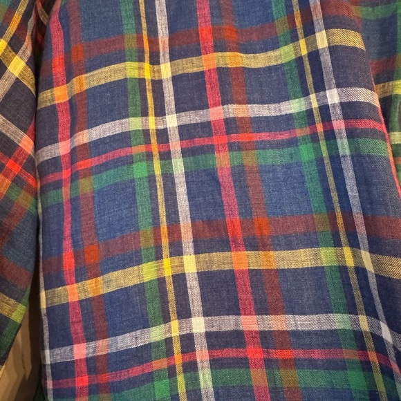 St Croix Men’s 100% Italian linen blue yellow plaid long sleeve button down Sz L - Picture 3 of 4